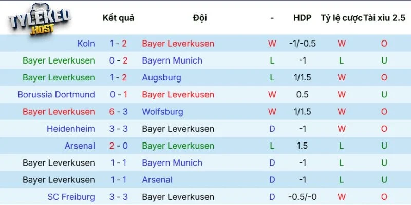 Kết quả ra sân của Bayer Leverkusen
