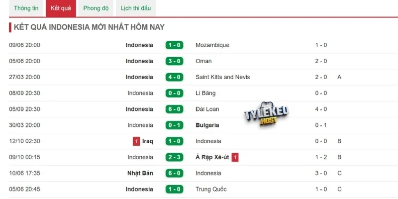 Thành tích thi đấu gần đây của Indonesia